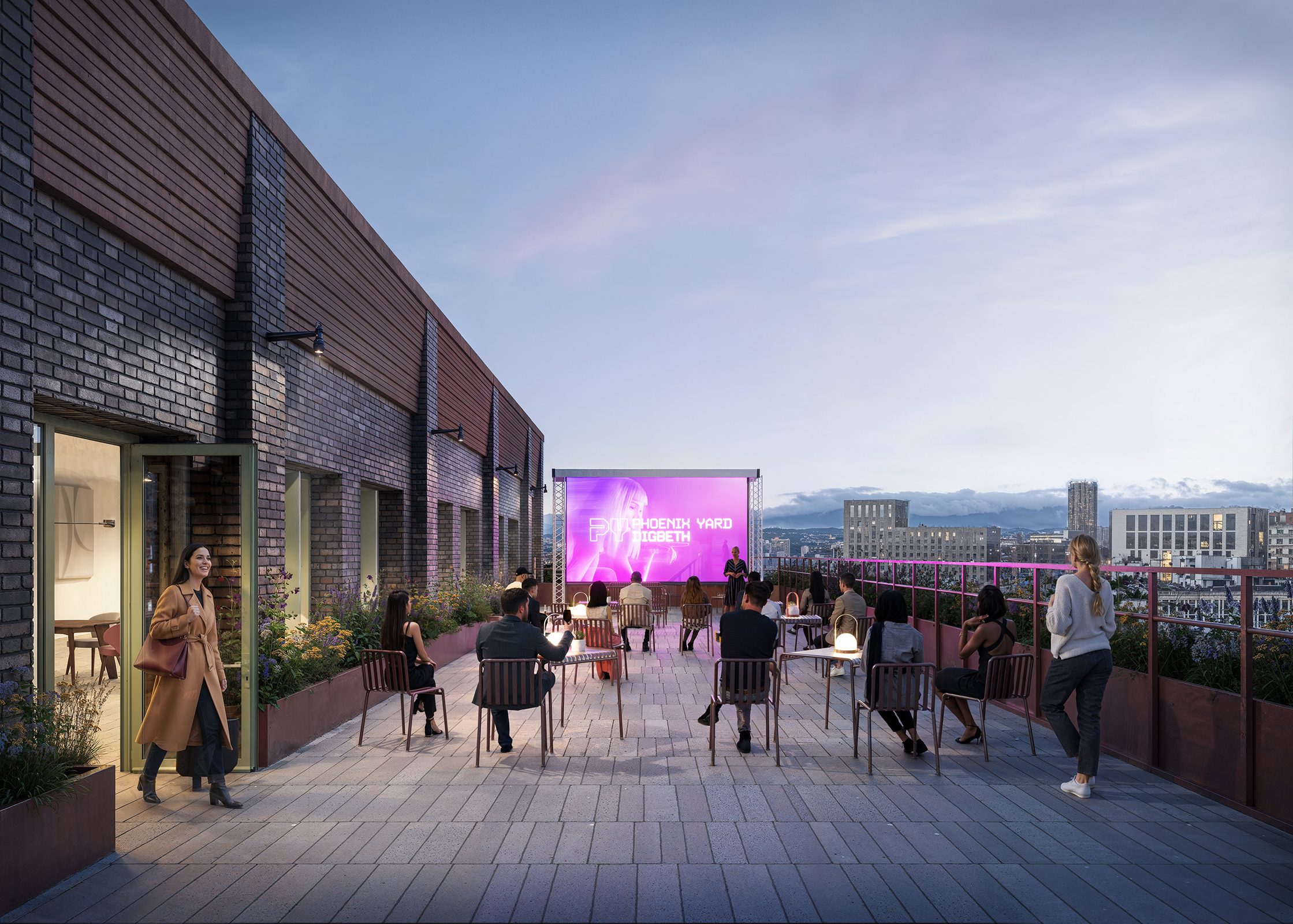 CGI view from Bloomery's rooftop terrace early evening