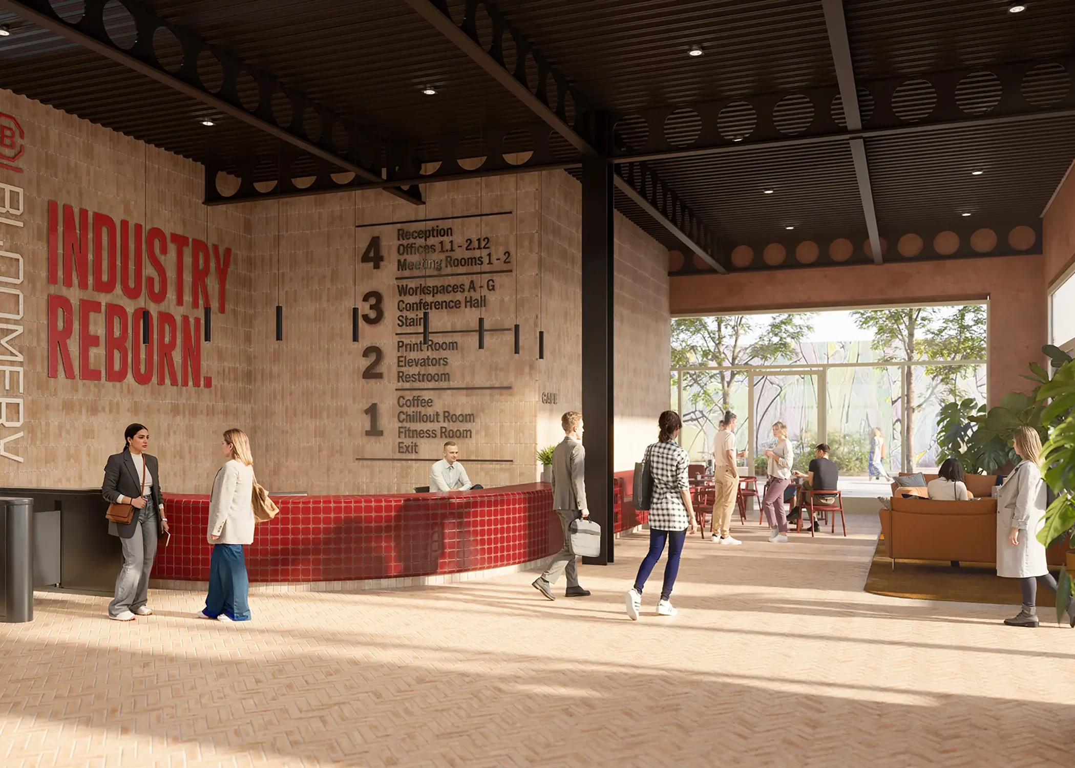 CGI of reception area inside Bloomery